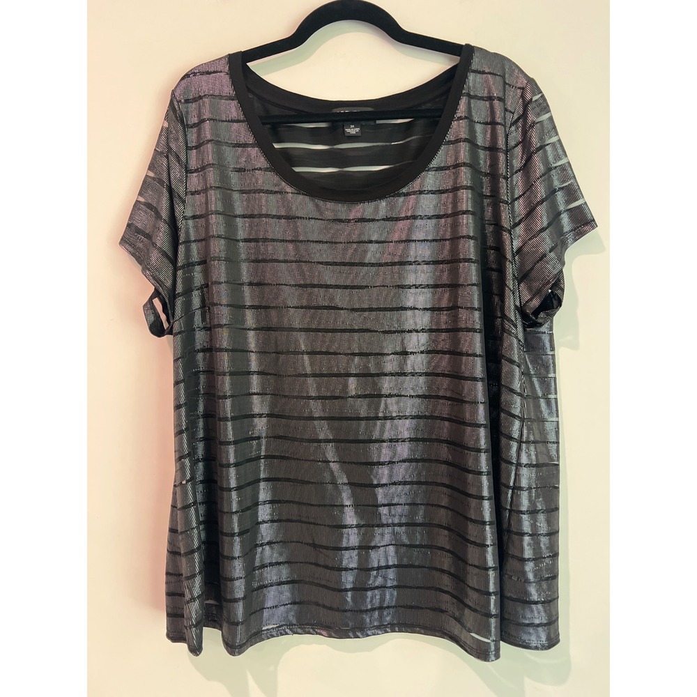 Forever 21 Plus Size 3X Metallic Silver Striped Mesh Short Sleeve Top Black